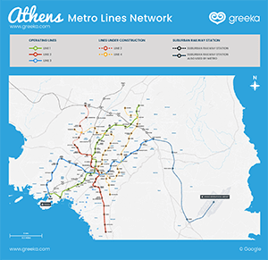 Map of Athens metro lines and stations