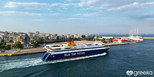 The ferry Blue Star Paros leaving the port of Piraeus, in Athens
