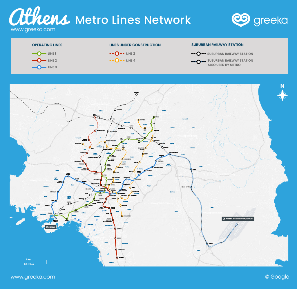 Map with Athens metro lines