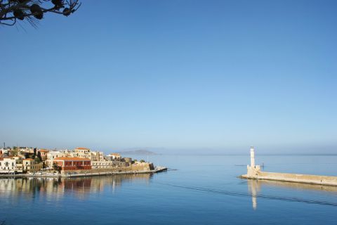 Distant view of the port and the lighthouse of Chania.