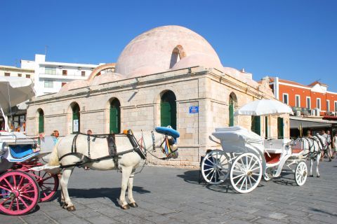 Horse carriages outside the Ottoman baths in Chania Town.