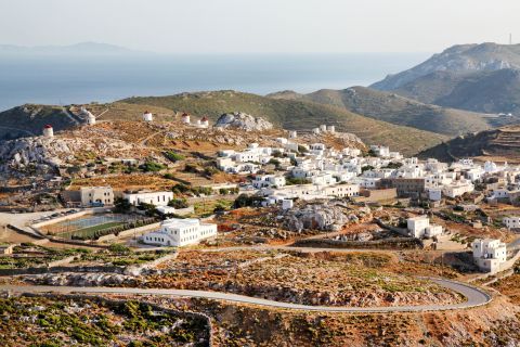 View of Chora, Amorgos. A quiet settlement, surrounded by mountainsides.