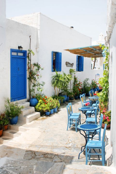 White and blue Cycladic buildings are spotted everywhere around Amorgos