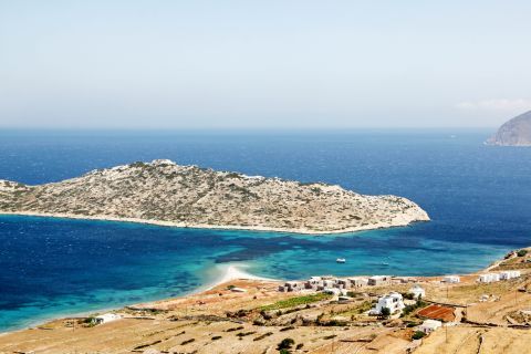 View of Nikouria, a small islet located right opposite Agios Pavlos beach