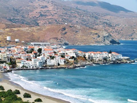 View of Chora beach, Andros. This beach is usually affected by winds.