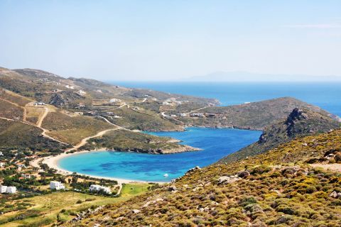 Verdant hills and blue waters. The fascinating surroundings of Fellos beach, Andros.
