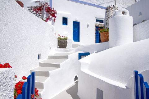White and blue colors. Imerovigli, Santorini.
