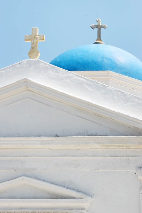 Whitewashed church with a blue dome. Mykonos, Cyclades.