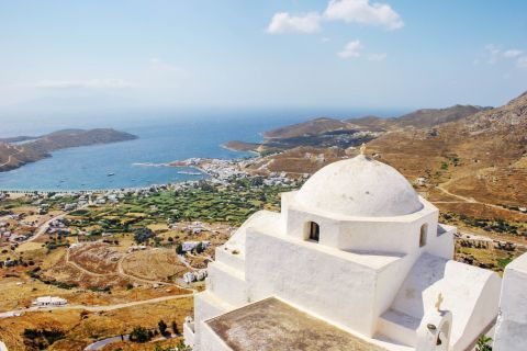 View of Livadi village and the main port of Serifos, Cyclades.