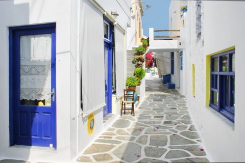 A paved alley with traditional, Cycladic houses, which are decorated with colorful flowers.