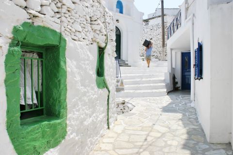 Blue and green details on whitewashed houses