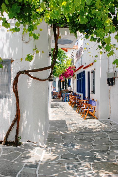 Narrow alleys with cozy taverns and cafes. Driopida village.