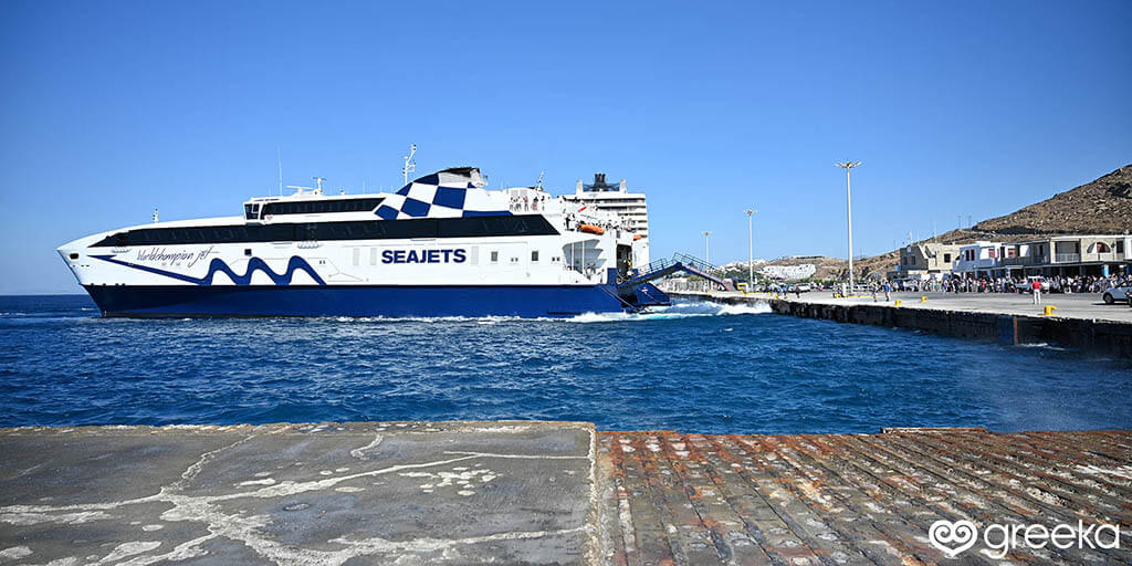 World Champion Jet Ferry by Seajets docking at the port of Tourlos in Mykonos