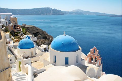 The blue-domed church of Panagia  in Oia.