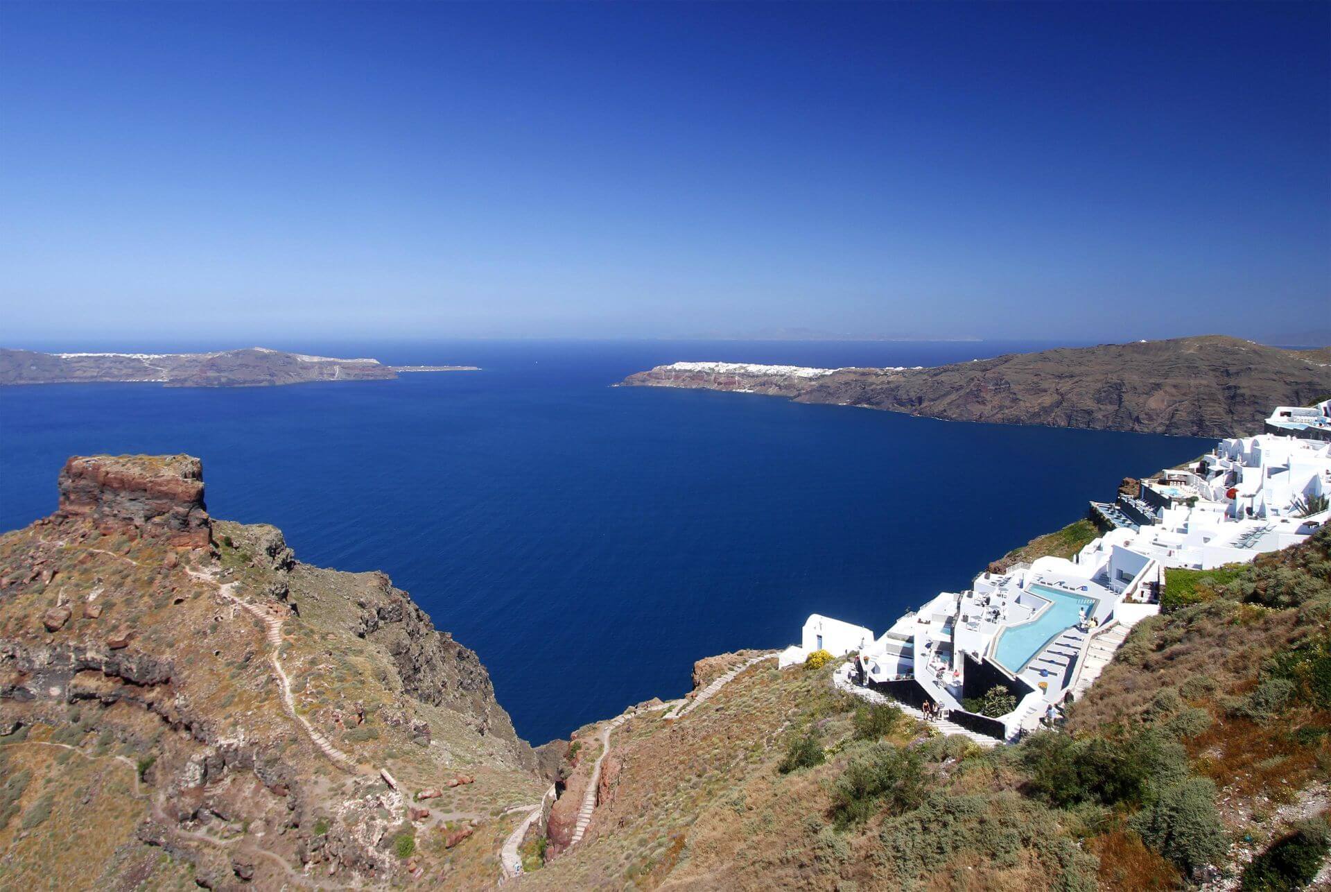 Grace hotel in Imerovigli and the amazing views over the caldera, Skaros Rock and Oia in Santorini