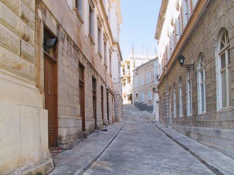 Neoclassical buildings and paved alleys. Ermoupolis, Cyclades.