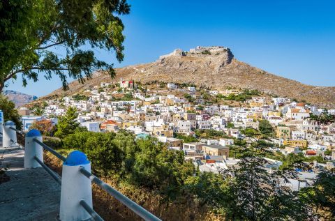 View of Platanos village and the Castle of Leros