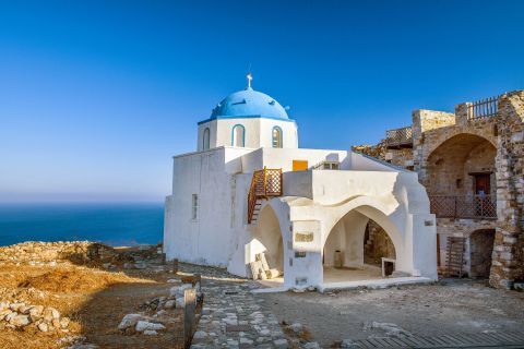 The whitewashed, blue domed chapel of Megali Panagia, Astypalea