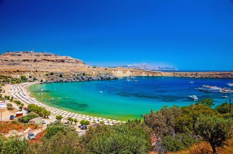 Turquoise waters. Beautiful view from Lindos.