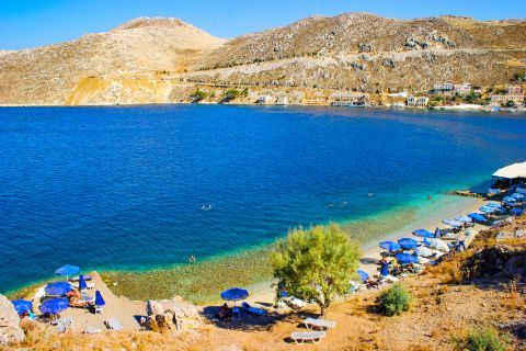 Magnificent, blue waters and hills. Chora, Simi