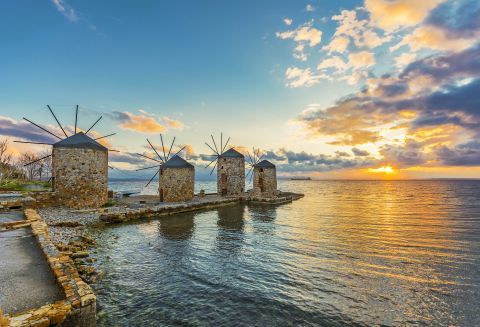 Traditional, stone built windmills on Chios