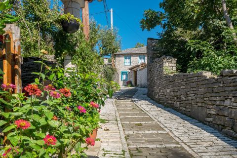 Stone built houses and beautiful flowers in Monodendri village, Zagoria.