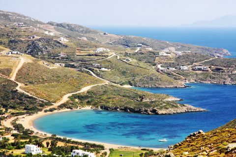 Green plains and hills around Fellos beach, Andros.