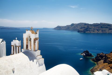 Impressive sea view from the top of a chapel in Oia, Santorini.
