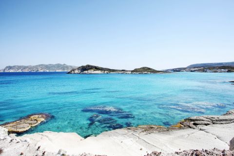 Transparent, blue waters in Agios Georgios beach, Kimolos.