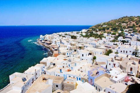 Whitewashed houses and blue waters. Panoramic view of Nisyros.
