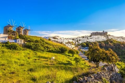 Dense vegetation, windmills and traditional houses. A beautiful spot in Patmos.