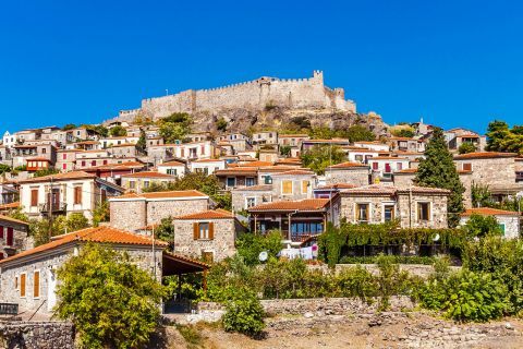 Picturesque houses and the Medieval Castle of Lesvos.