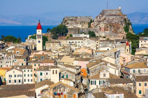 View of the New Fortress and traditional mansions in Corfu