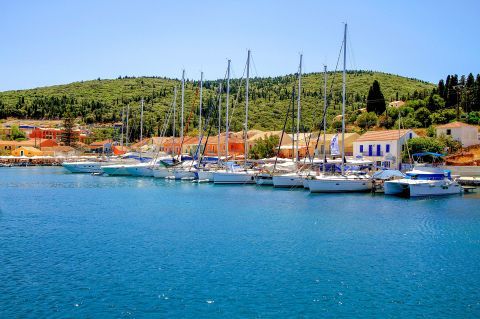 Yachts and boats on the port of Fiscardo in Kefalonia.