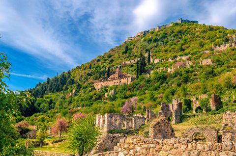 The Byzantine site of Mystras is surrounded by dense vegetation