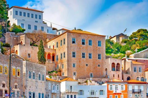 Colorful, stone built, neoclassical mansions in Hydra.
