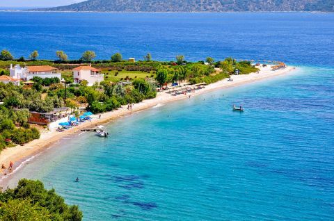 Long, sandy shore and azure waters. Agios Dimitrios beach, Alonissos.