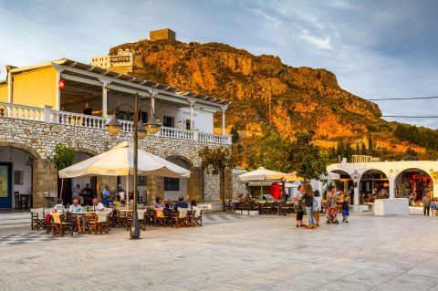 View of the Medieval Castle of Skyros from a central square in Chora