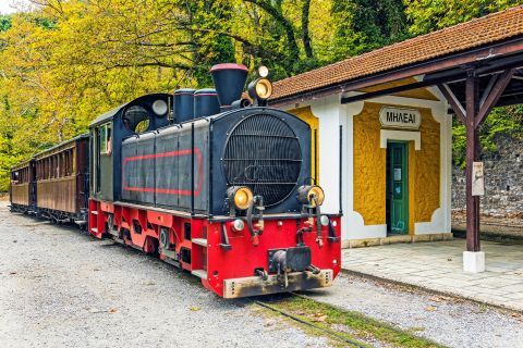 The steam train of Pelion at the station of Milies village.