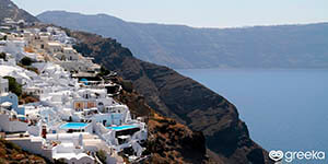 The village of Oia in Santorini and the caledera in the background