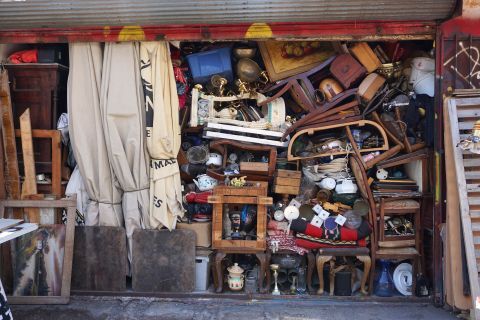 Flea Market: Old objects packed and stored 