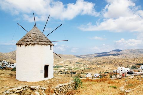 Windmills: A whitewashed windmill overlooking Ios