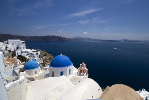 Oia Blue Dome Churches: Anastasi church with the blue dome and the famous pink bell tower