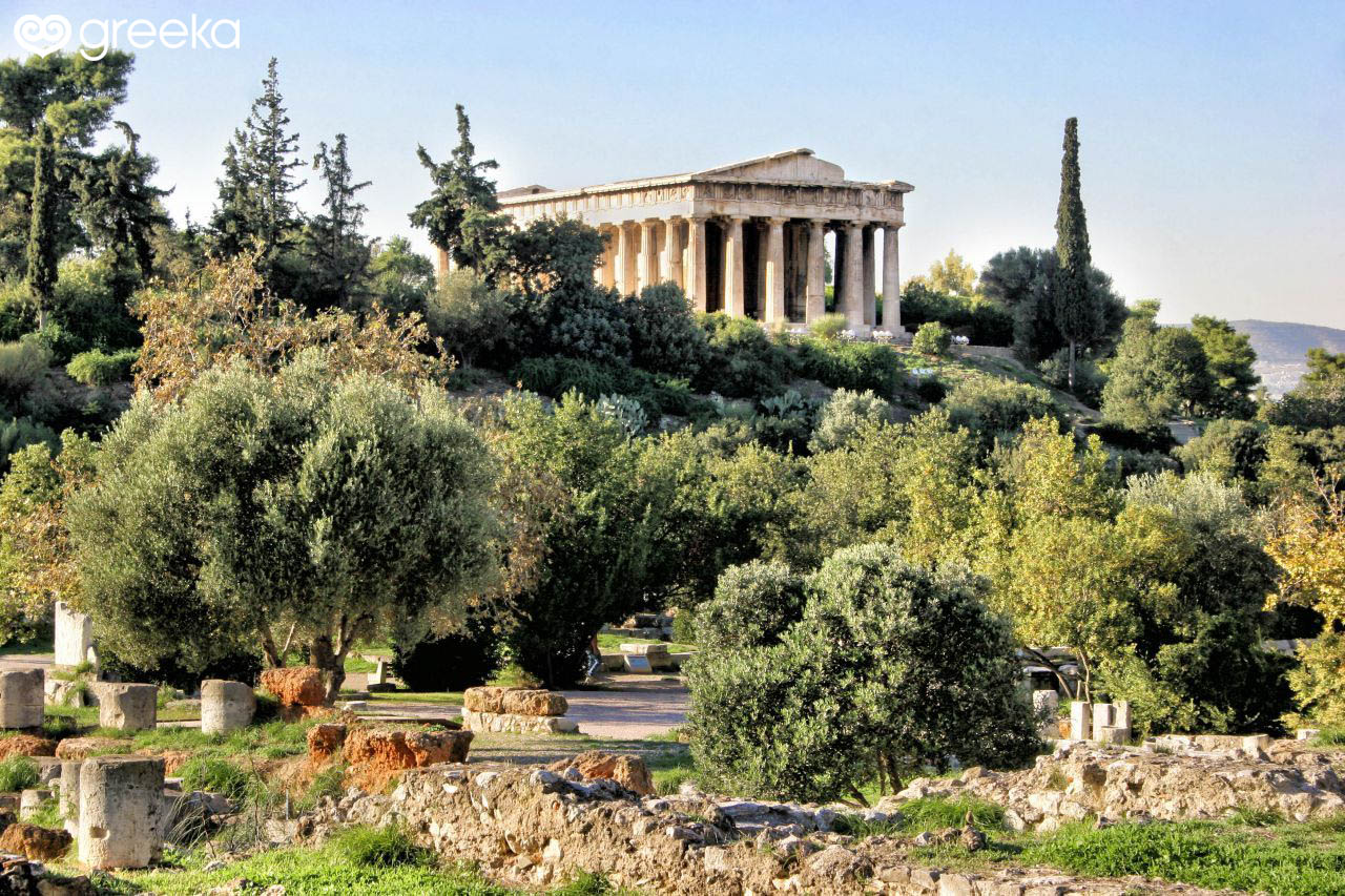 The Temple of Hephaestus amidst the flourished land of the Ancient Agora of Athens