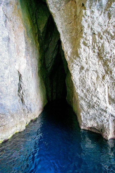 Blue Caves: Deep blue waters.