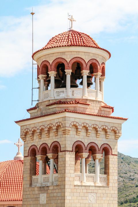 Agios Nektarios Monastery: View of the imposing bell tower.