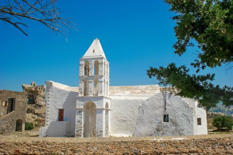 Chora Castle: View of the whitewashed Church of Myrtidiotissa
