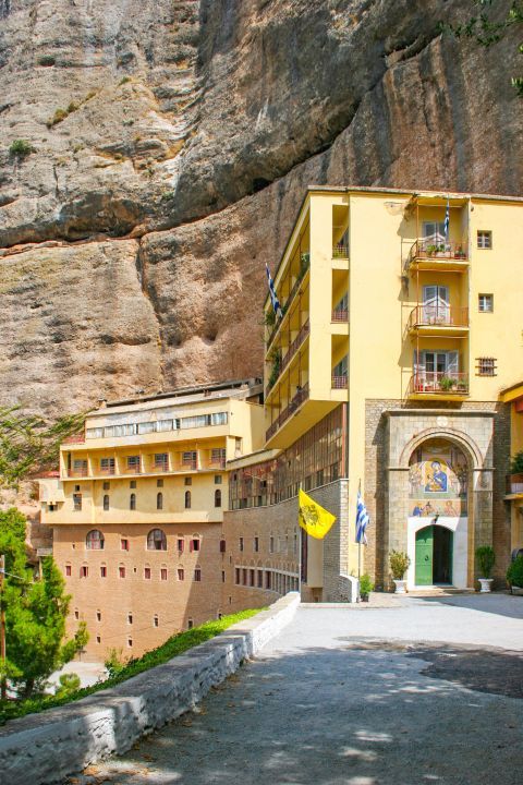 Mega Spileo Monastery: Its cells are built around the entrance of the cave.