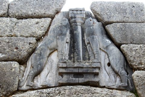 Lion Gate: The Marble Lion decorations of the Lion Gate of Mycenae
