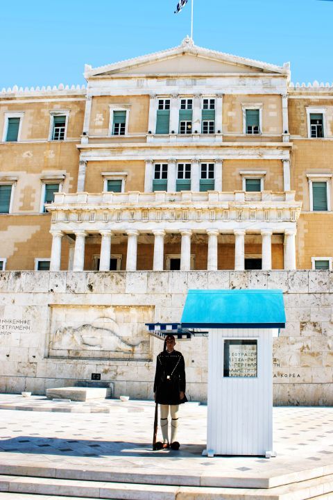 Hellenic Parliament: One of the guards outside the Old Royal Palace